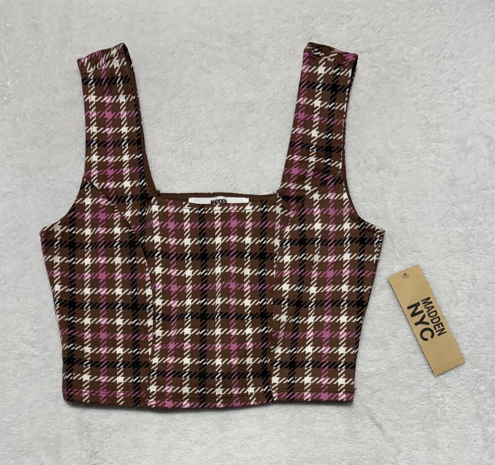Madden NYC Crop Top Womens Medium Brown Pink Plaid Sleeveless Tank Square Neck